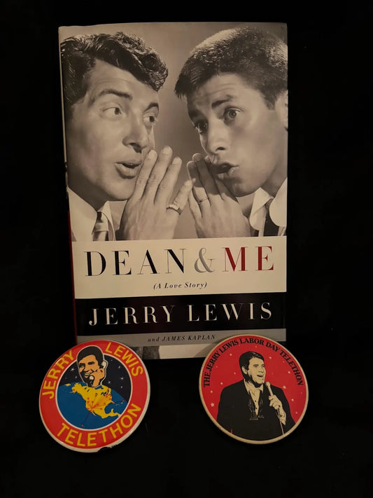 Autographed copy of Jerry Lewis's book DEAN & ME (A LOVE STORY) and two vintage 1970s telethon buttons