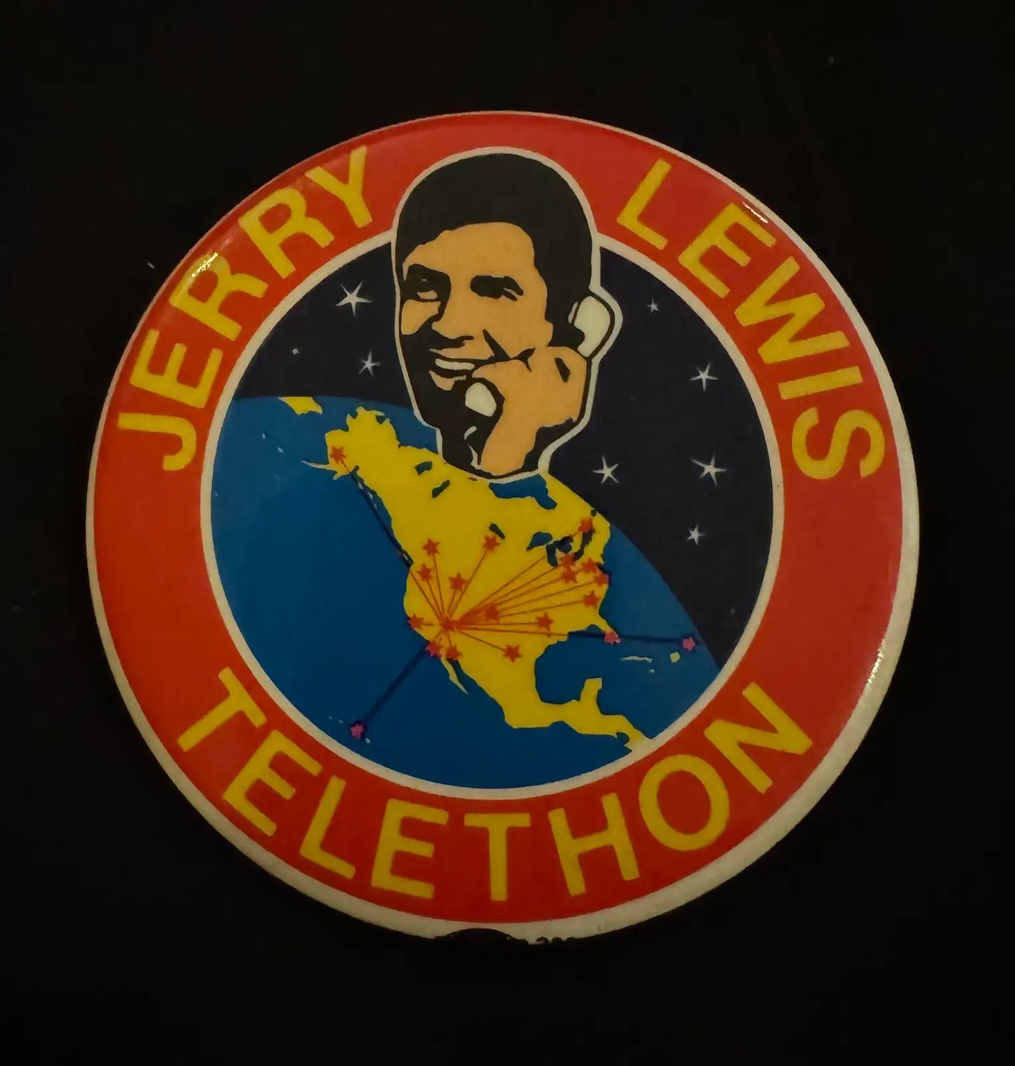 Autographed copy of Jerry Lewis's book DEAN & ME (A LOVE STORY) and two vintage 1970s telethon buttons