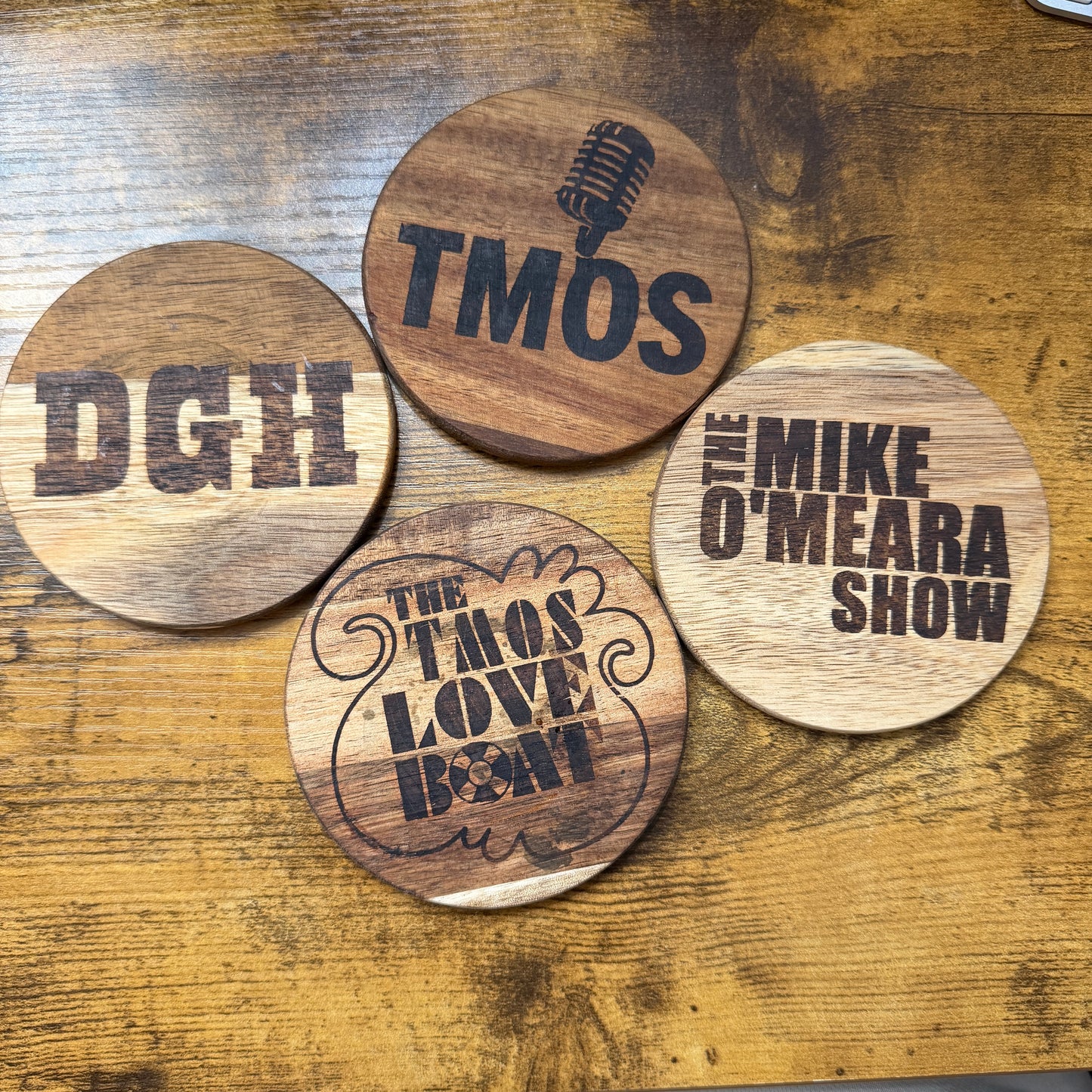 The Mike O'Meara Show TMOS Wooden Coaster Set of 4 Laser Engraved Podcast Coasters